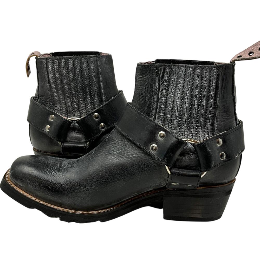 Freebird Whiskey Boots Womens 10 Black Leather Ankle Harness Biker Block Heel - Picture 6 of 11